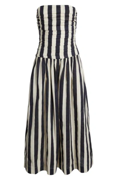 Moon River Stripe Ruched Strapless Midi Dress In Navy