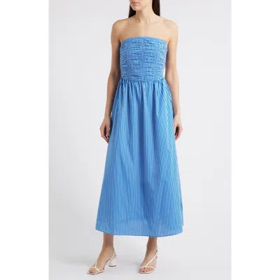 Moon River Stripe Strapless Cotton Fit & Flare Midi Dress In Blue