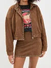 Moon River Stud Detail Zipper Front Faux Suede Jacket In Camel In Brown