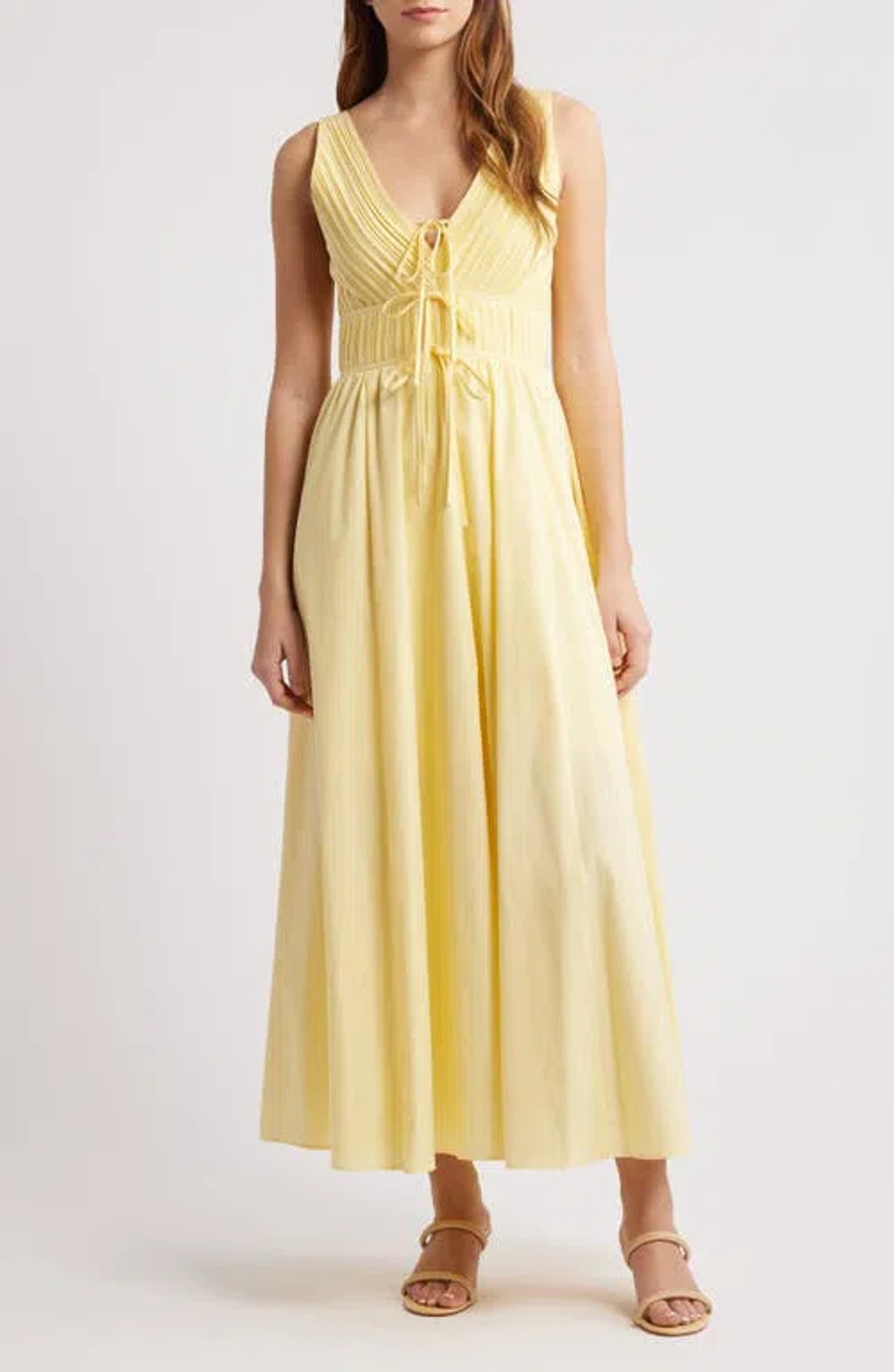 tie front sleeveless flare maxi dress moon river Moon River Tie Front Sleeveless Flare Maxi Dress In Light Yellow