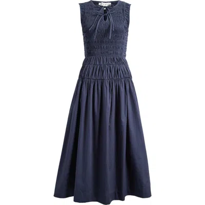 Moon River Tie Front Smock Waist Midi Dress In Blue