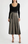 Moon River Tie Waist Long Sleeve Rib Maxi Sweater Dress In Black