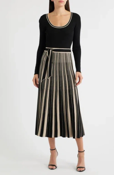 Moon River Tie Waist Long Sleeve Rib Maxi Sweater Dress In Black