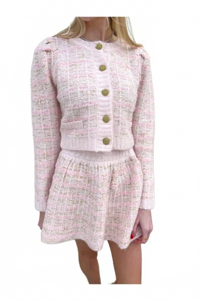 Moon River Tweed Button Up Knit Sweater In Pink