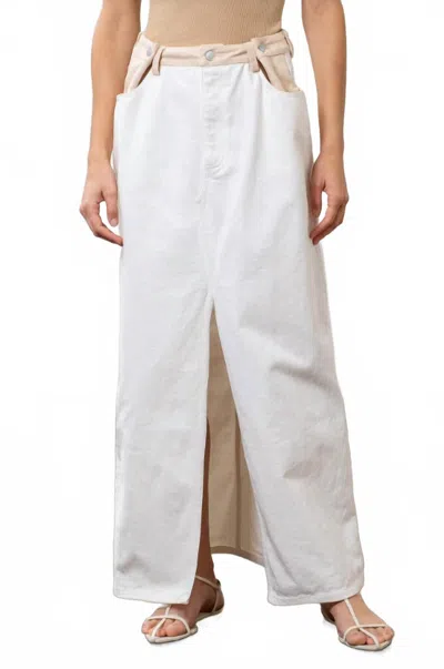 Moon River Two Tone Denim Front Slit Maxi Skirt In White/beige In Multi
