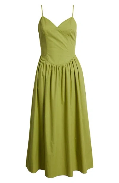Moon River V-neck Drop Waist Cotton Midi Sundress In Green