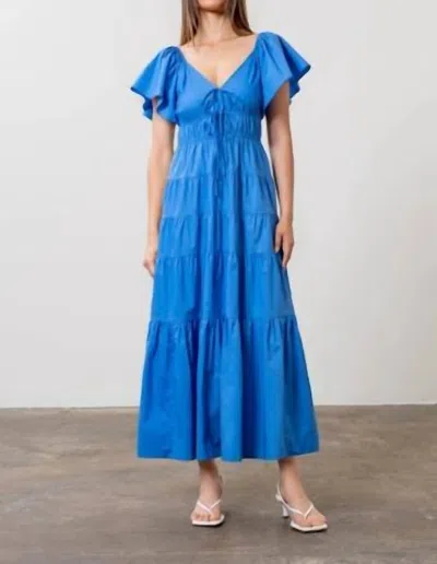 Moon River V-neck Ruffle Midi Dress In Blue