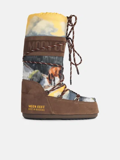 Moonboot 'icon Postcard' Brown Nylon And Suede Boots