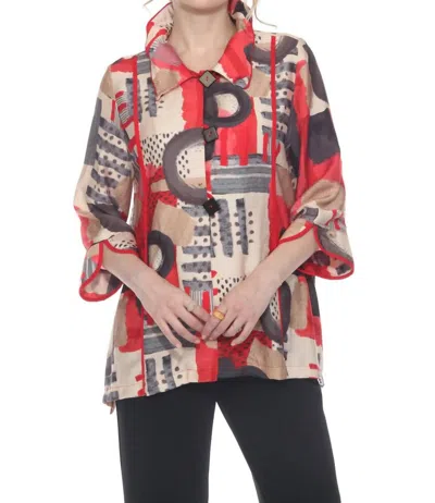 Moonlight By Y & S Abstract Brushstroke Tunic Blouse In Red Neutral Taupe In Multi
