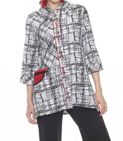Moonlight By Y & S Abstract Pattern High Collared Top In White Black Red In Multi
