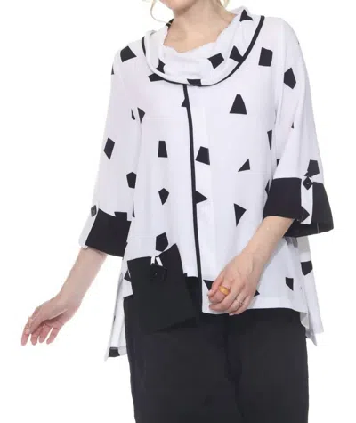Moonlight By Y & S Geometric Cowl Neck Three Quarter Sleeves Blouse In White Black