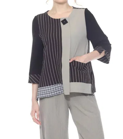 Moonlight By Y & S Geometric Stripe Three Quarter Sleeves Top In Grey Multi