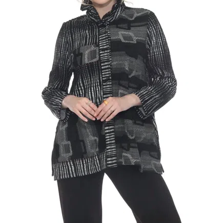 Moonlight By Y & S High Collared Geometric Button Front Top In Black