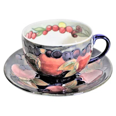 Pre-owned Moorcroft Pottery William Moorcroft Pomegranate Patterned Art Pottery Teacup & Saucer Set #1 Of 4 In Gray