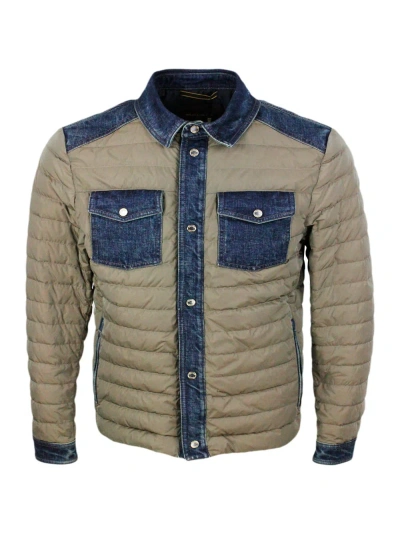 Moorer 100 Gram Light Down Jacket With Denim Inserts And Details. Internal And External Side Pockets And Bu In Military