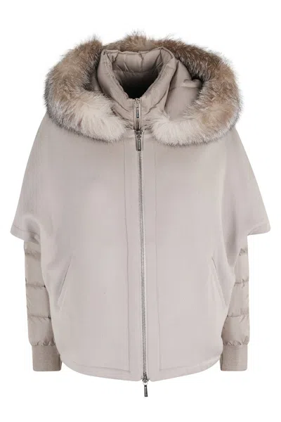 MOORER ALMOND WOOL CAPE COAT WITH ARCTIC FOX FUR HOOD