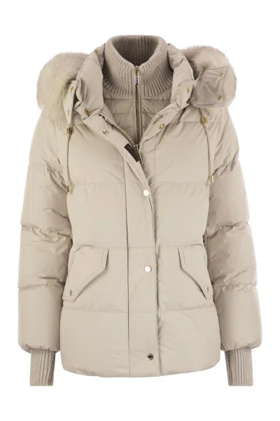 Moorer Attica-stp - Short Down Jacket With Hood And Fur In Neutral