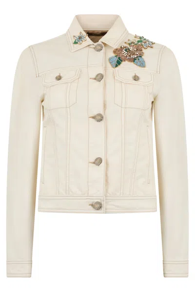 Moorer Beige Denim Jacket With Styled Collar In Neutral