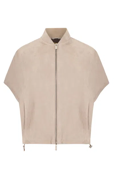 Moorer Beige Leather Jacket With Short Sleeves, Versatile And Minimal In Pink