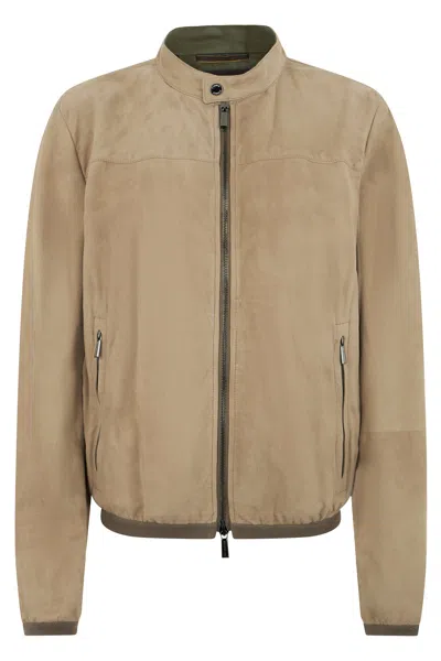 Moorer Beige Leather Jacket With Zip And Collar In Neutral