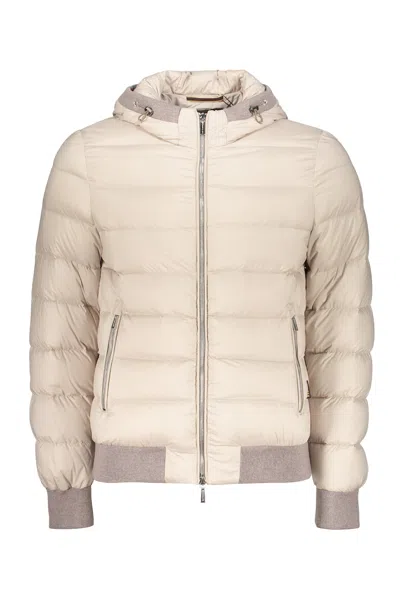 Moorer Beige Padded Bomber Jacket With An Elegant Hood In Neutral