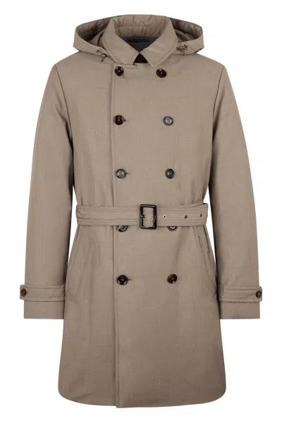 Moorer Beige Winter Jacket With Belt And Hood In Brown