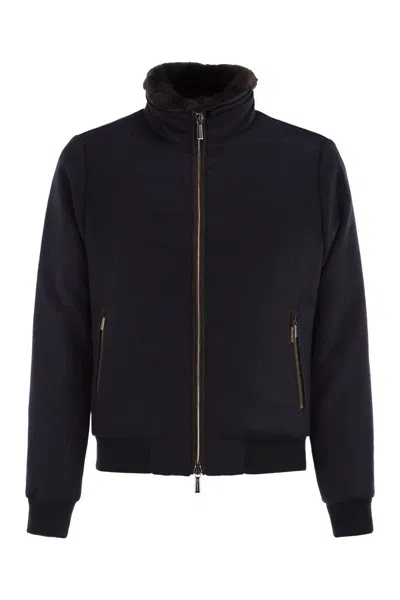 Moorer Padded Bomber Jacket In Wool And Cashmere In Blue