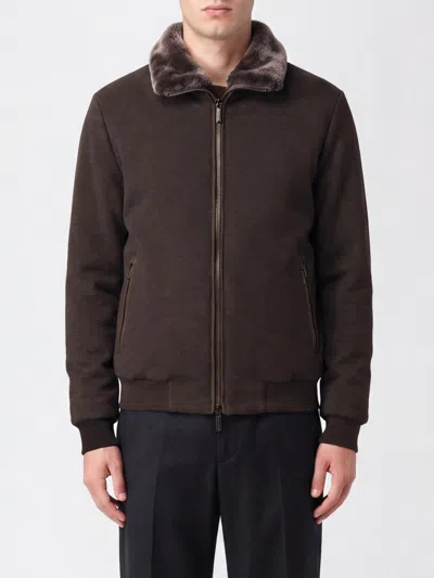 Moorer Bellati Wool And Cashmere Bomber Jacket With Fur Collar In Brown