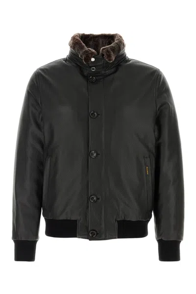Moorer Leather Bomber Jacket With Ribbed Cuffs And Hem In Black