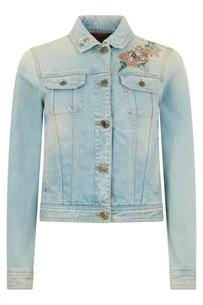 Moorer Blue Denim Jacket With Floral Embroidery