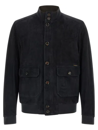 MOORER BLUE SOLID MANDARIN COLLAR JACKET