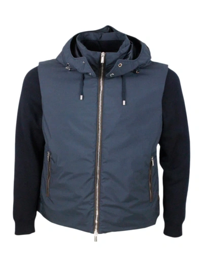 Moorer Bomber Jacket In A Mix Of Materials With Detachable Hood In Smooth Waterproof Fabric And Padded With In Blu