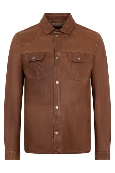 Moorer Brown Leather Shirt With Elegant Pockets.