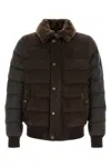 Moorer Viani Suede Padded Jacket With Shearling Collar In Brown