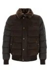 Moorer Viani Suede Padded Jacket With Shearling Collar In Brown