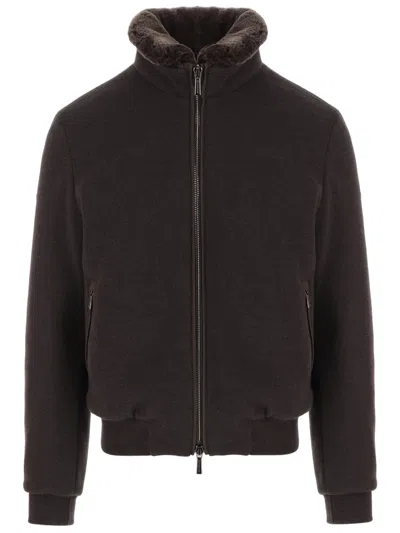 Moorer Brown Wool-blend High Collar Jacket In Black