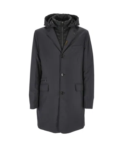 Moorer Button-down Hooded Coat In Black
