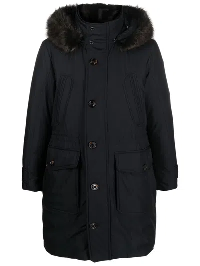 Moorer Button-down Hooded Raincoat In Blue