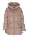 Moorer Quilted Hooded Long Length Jacket In Beige