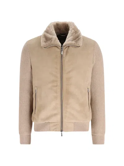 Moorer Campiglio-cab Suede-panelled Bomber Jacket In Neutral