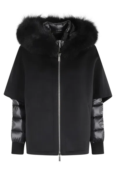 MOORER CAPE-DESIGN WOOL COAT WITH DOWN JACKET AND FOX FUR HOOD