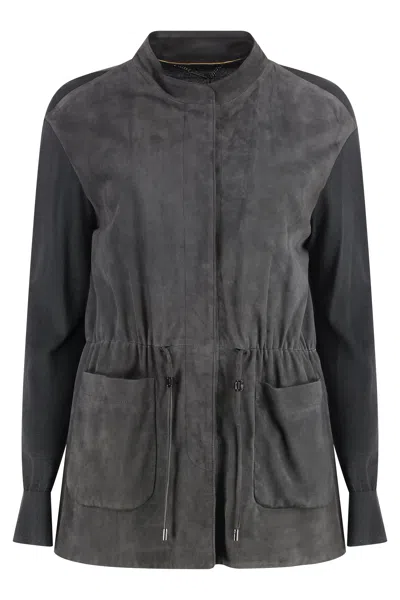 Moorer Cardigan With Suede Frontal Panel In Black