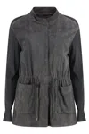 Moorer Cardigan With Suede Frontal Panel In Grey