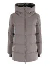 Moorer Padded Quilted Down Coat With High Collar And Hood In Gray