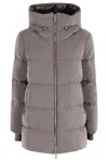 Moorer Padded Quilted Down Coat With High Collar And Hood In Brown