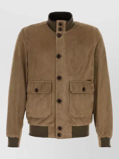 Moorer Carlos Suede Bomber Jacket High Collar In Brown