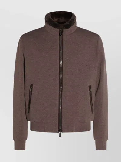 Moorer Casual Jacket With Fur Collar And Ribbed Finish In Brown