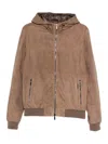 Moorer Suede Hooded Bomber Jacket In Brown