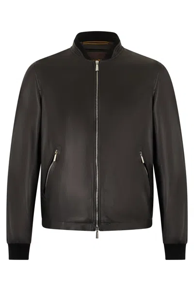 Moorer Classic Black Leather Jacket With Zippers And Side Pockets. In Blue