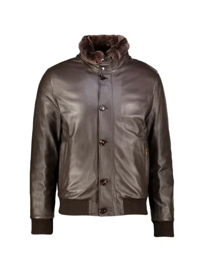 Moorer Cleros-p1 Shearling-collar Leather Jacket In Brown